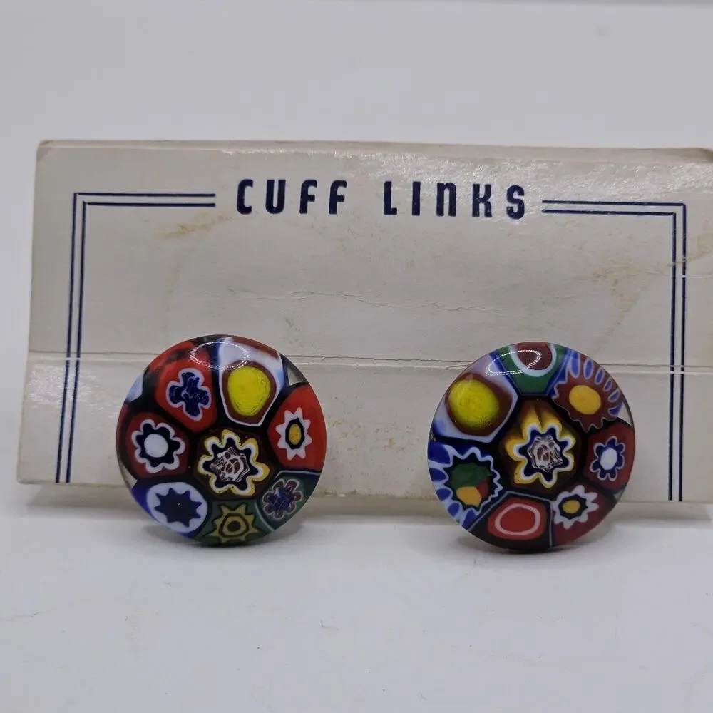 Vintage Murano Glass Color Splash Domed Millefiori Cufflinks New on Card